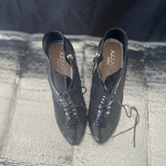 AZZARO PARIS BLACK MESH LACE UP PATENT LEATHER BOOTIE SILVER ZIPPER SIZE 39 8 - Picture 6 of 7